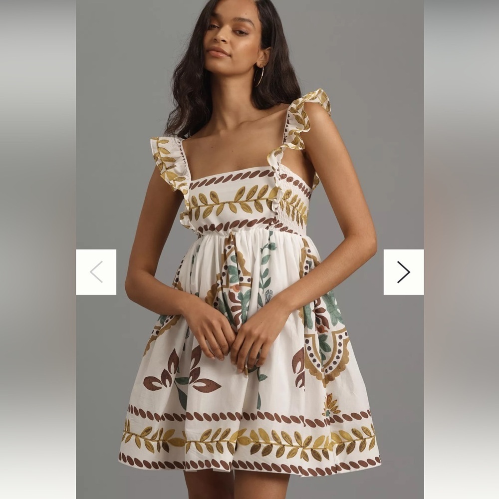 Anthropologie Ruffle-Sleeve Square-Neck Mini Dress Color:NEUTRAL MOTIF Large NWT - Picture 4 of 7
